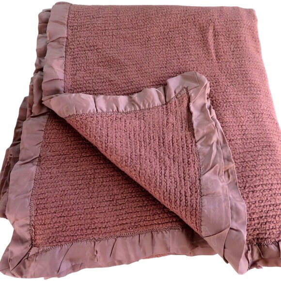 Vintage Acrylic Waffle Weave Blanket All Around Satin Trim Dark Brown USA Made - Picture 1 of 11